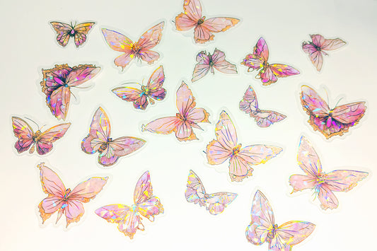 20ks Rose Holographic Butterfly Stickers - Vodotěsné PET Crystal Laserové samolepky pro scrapbooking, DIY řemesla, deníky a dekorace