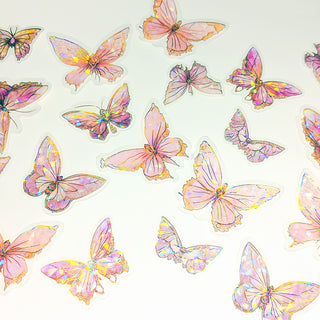 20pcs Rose Holographic Butterfly Stickers - Waterproof PET Crystal Laser Stickers for Scrapbooking, DIY Crafts, Journaling, and Decoration