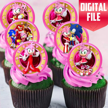 24 Amy Rose Edible Cupcake Toppers – Sonic the Hedgehog Party Decor – Precut on Wafer Paper, Sugar Sheet, or Uncut Chocotransfer