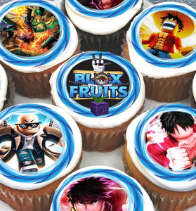 24 Blox Fruits Edible Cupcake Toppers – Precut on Wafer Paper, Sugar Sheet, or Uncut Chocotransfer