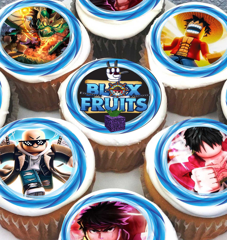 24 Blox Fruits Edible Cupcake Toppers – Precut on Wafer Paper, Sugar Sheet, or Uncut Chocotransfer