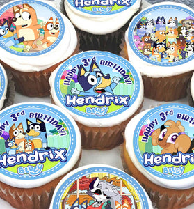 24 Bluey Edible Cupcake Toppers - Precut on Wafer Paper, Sugar Sheet, or without cutting Chocotransfer