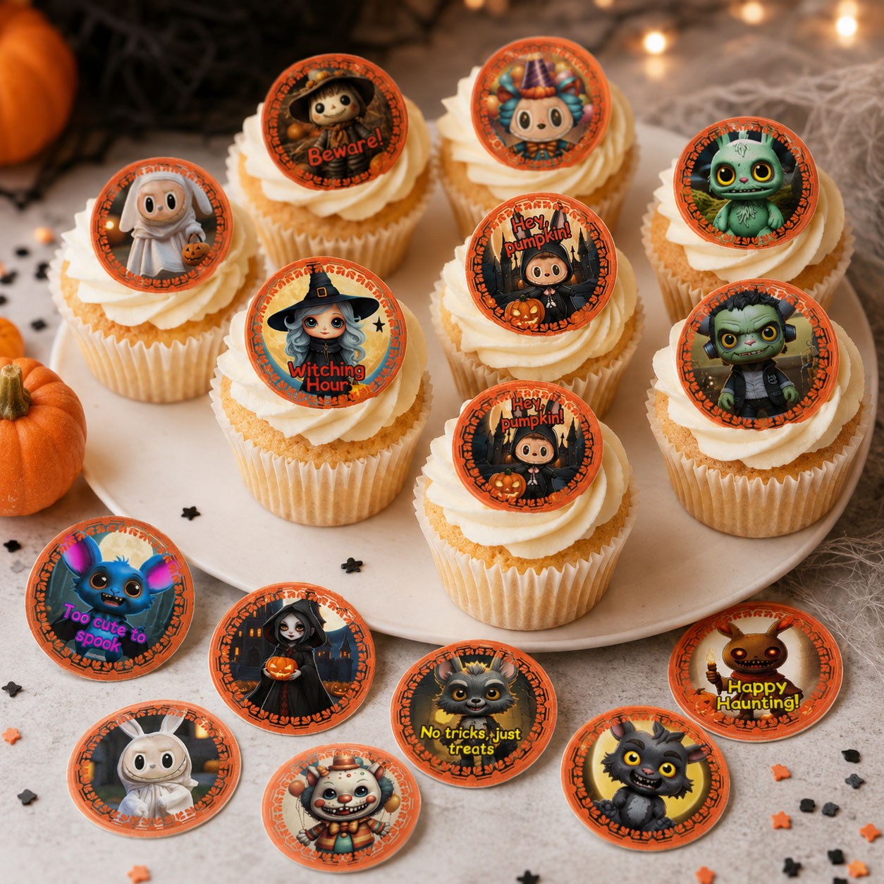 24 Halloween Edible Cupcake Toppers – Cute Spooky Characters, Ghosts, Witches – Precut on Wafer Paper, Sugar Sheet, or Uncut Chocotransfer