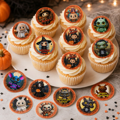 24 Halloween Edible Cupcake Toppers – Cute Spooky Characters, Ghosts, Witches – Precut on Wafer Paper, Sugar Sheet, or Uncut Chocotransfer