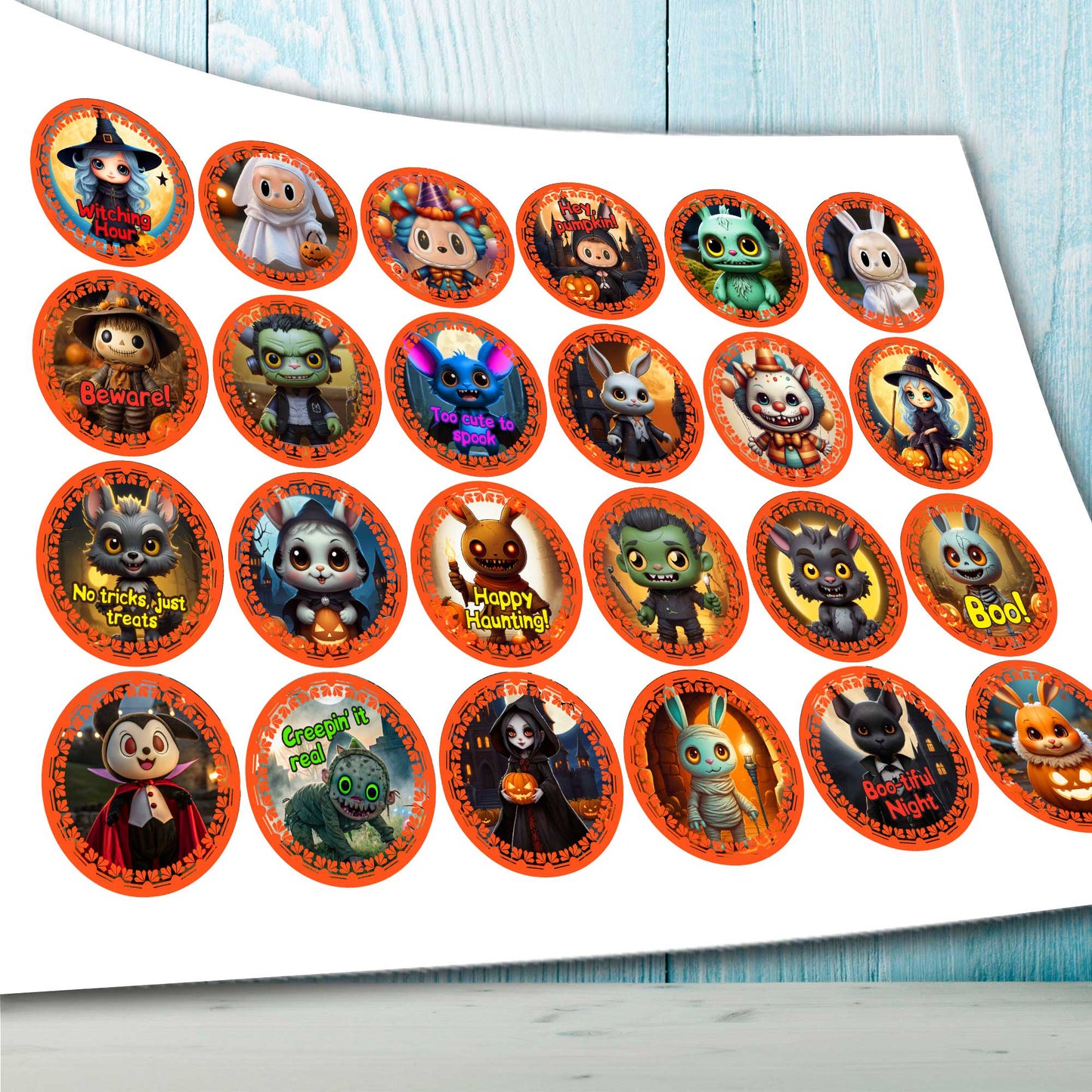 24 Halloween Edible Cupcake Toppers – Cute Spooky Characters, Ghosts, Witches – Precut on Wafer Paper, Sugar Sheet, or Uncut Chocotransfer