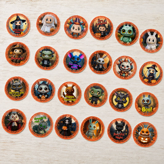 24 Halloween Edible Cupcake Toppers – Cute Spooky Characters, Ghosts, Witches – Precut on Wafer Paper, Sugar Sheet, or Uncut Chocotransfer