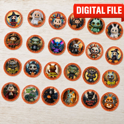 24 Halloween Edible Cupcake Toppers – Cute Spooky Characters, Ghosts, Witches – Precut on Wafer Paper, Sugar Sheet, or Uncut Chocotransfer