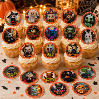 24 Halloween Edible Cupcake Toppers – Cute Spooky Characters, Ghosts, Witches – Precut on Wafer Paper, Sugar Sheet, or Uncut Chocotransfer