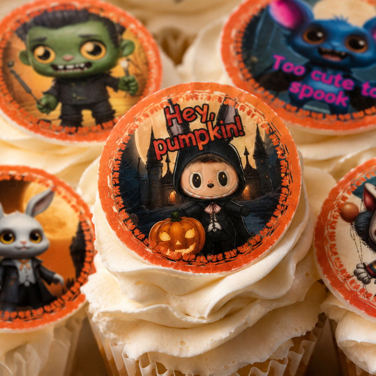 24 Halloween Edible Cupcake Toppers – Cute Spooky Characters, Ghosts, Witches – Precut on Wafer Paper, Sugar Sheet, or Uncut Chocotransfer
