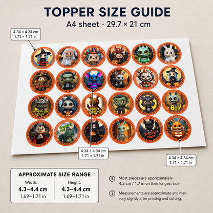 24 Halloween Edible Cupcake Toppers – Cute Spooky Characters, Ghosts, Witches – Precut on Wafer Paper, Sugar Sheet, or Uncut Chocotransfer