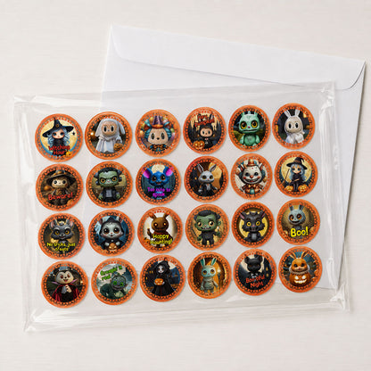 24 Halloween Edible Cupcake Toppers – Cute Spooky Characters, Ghosts, Witches – Precut on Wafer Paper, Sugar Sheet, or Uncut Chocotransfer