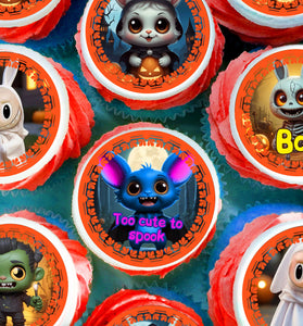 24 Halloween Edible Cupcake Toppers – Cute Spooky Characters, Ghosts, Witches – Precut on Wafer Paper, Sugar Sheet, or Uncut Chocotransfer