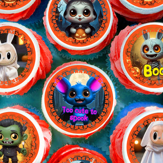 24 Halloween Edible Cupcake Toppers – Cute Spooky Characters, Ghosts, Witches – Precut on Wafer Paper, Sugar Sheet, or Uncut Chocotransfer