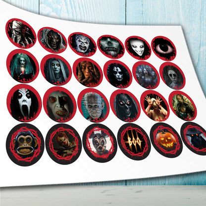 24 Halloween Horror Edible Cupcake Toppers – Precut on Wafer Paper, Sugar Sheet, or Uncut Chocotransfer