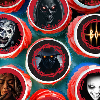 24 Halloween Horror Edible Cupcake Toppers – Precut on Wafer Paper, Sugar Sheet, or Uncut Chocotransfer