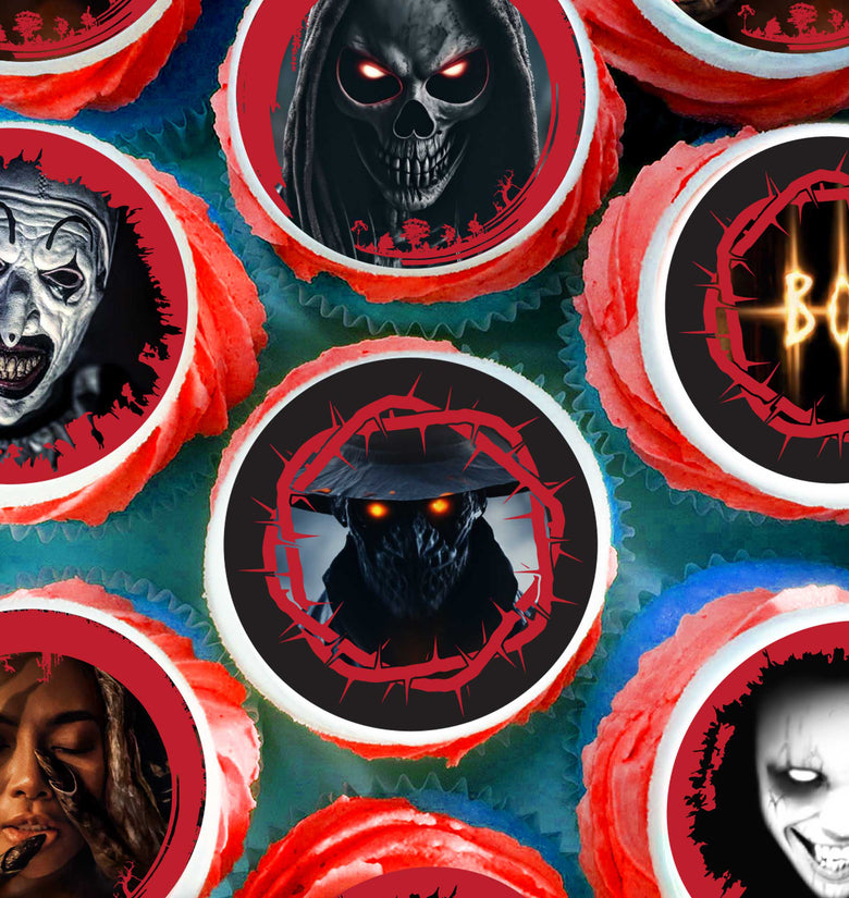 24 Halloween Horror Edible Cupcake Toppers – Precut on Wafer Paper, Sugar Sheet, or Uncut Chocotransfer