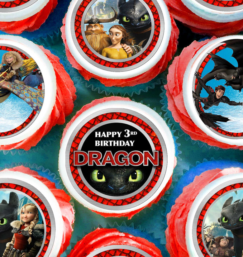 24 How to Train Your Dragon Edible Cupcake Toppers – Precut on Wafer Paper, Sugar Sheet, or Uncut Chocotransfer