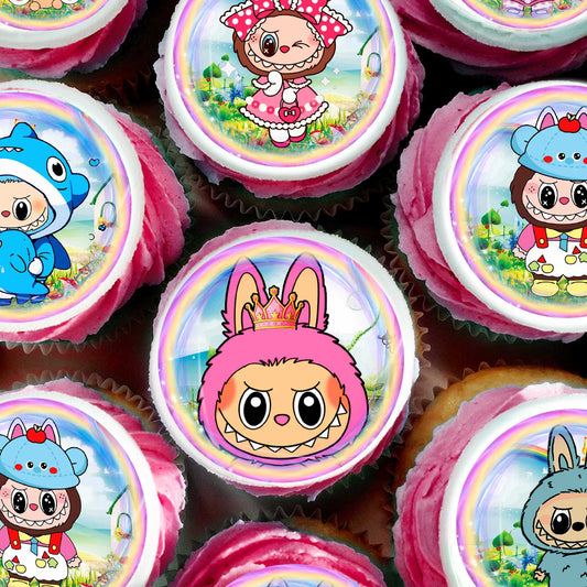 24 jedlých ozdob na muffiny Labubu – předřezané na oplatkovém papíru, cukrovém plátu nebo neřezané čokoládové transferové fólii