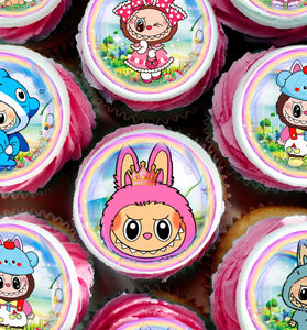 24 Labubu Edible Cupcake Toppers – Precut on Wafer Paper, Sugar Sheet, or Uncut Chocotransfer