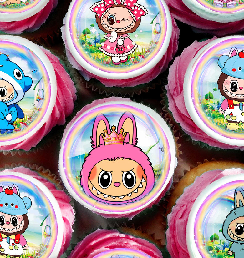 24 Labubu Edible Cupcake Toppers – Precut on Wafer Paper, Sugar Sheet, or Uncut Chocotransfer