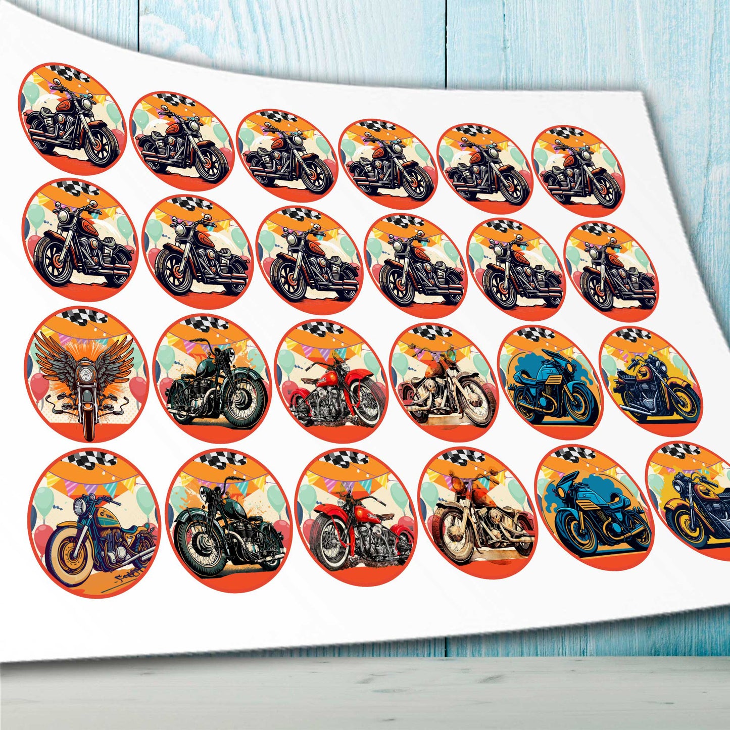 24 Motorcycle Birthday Edible Cupcake Toppers – Precut Wafer Paper, Sugar Sheet or Uncut Chocotransfer