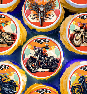 24 Motorcycle Birthday Edible Cupcake Toppers – Precut Wafer Paper, Sugar Sheet or Uncut Chocotransfer