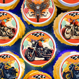 24 Motorcycle Birthday Edible Cupcake Toppers – Precut Wafer Paper, Sugar Sheet or Uncut Chocotransfer