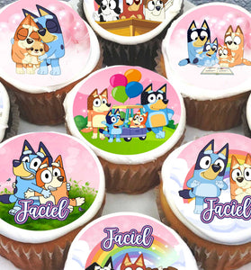 24 Pink Bluey Edible Cupcake Toppers – Girly Design – Precut on Wafer Paper, Sugar Sheet, or without cutting Chocotransfer
