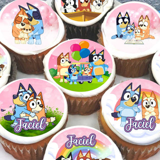 24 Pink Bluey Edible Cupcake Toppers – Girly Design – Precut on Wafer Paper, Sugar Sheet, or without cutting Chocotransfer