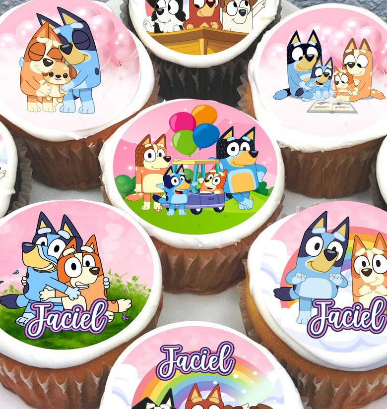 24 Pink Bluey Edible Cupcake Toppers – Girly Design – Precut on Wafer Paper, Sugar Sheet, or without cutting Chocotransfer