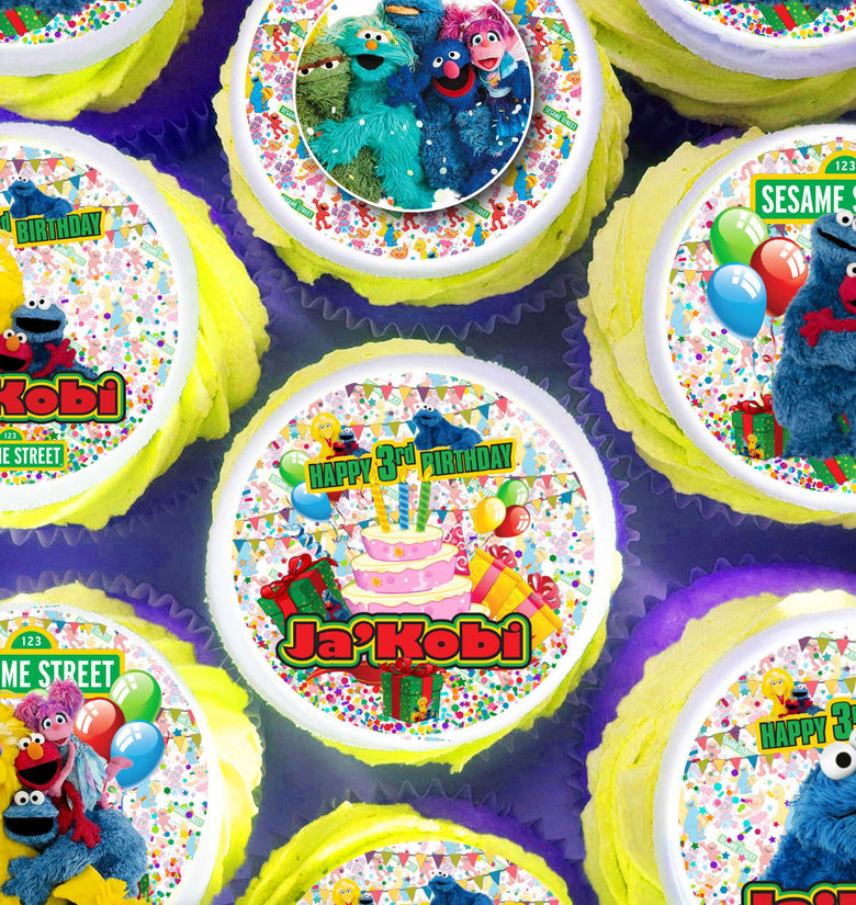 24 Sesame Street Edible Cupcake Toppers – Precut on Wafer Paper, Sugar Sheet, or Uncut Chocotransfer