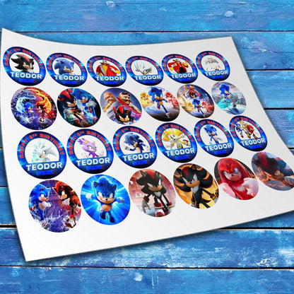 Set of 24 Sonic the Hedgehog edible cupcake toppers on sheet showing precut pieces with white border