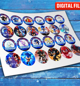 Sonic Cupcake Toppers – Precut Edible Wafer cake topper digital file – custom name and age for birthday cake