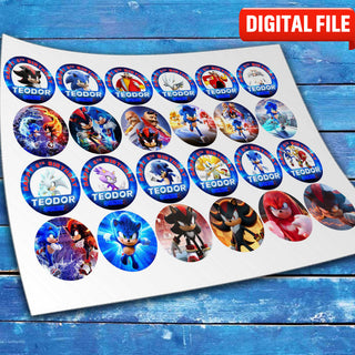 Sonic Cupcake Toppers – Precut Edible Wafer cake topper digital file – custom name and age for birthday cake