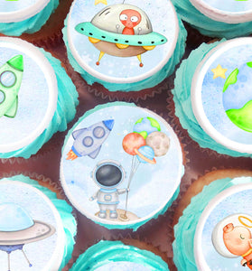 24 Space Cupcake Toppers Edible – Astronaut, Rocket, Planets, Galaxy Theme – Wafer Paper, Sugar Sheet, or Uncut Chocotransfer