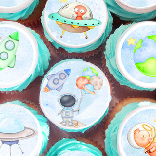 24 Space Cupcake Toppers Edible – Astronaut, Rocket, Planets, Galaxy Theme – Wafer Paper, Sugar Sheet, or Uncut Chocotransfer