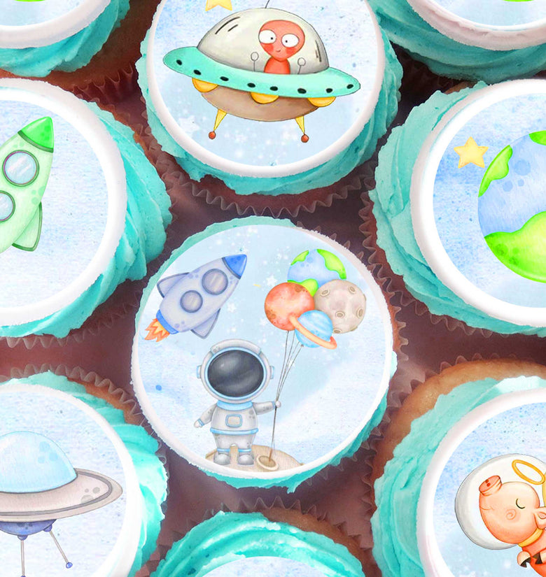 24 Space Cupcake Toppers Edible – Astronaut, Rocket, Planets, Galaxy Theme – Wafer Paper, Sugar Sheet, or Uncut Chocotransfer