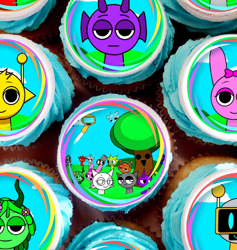 24 Sprunki Kids Edible Cupcake Toppers - Precut on Wafer Paper, Sugar Sheet, or without cutting Chocotransfer
