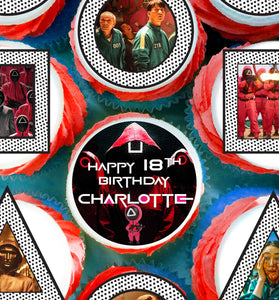 24 Squid Game Edible Cupcake Toppers - Precut on Wafer Paper, Sugar Sheet, or without cutting Chocotransfer