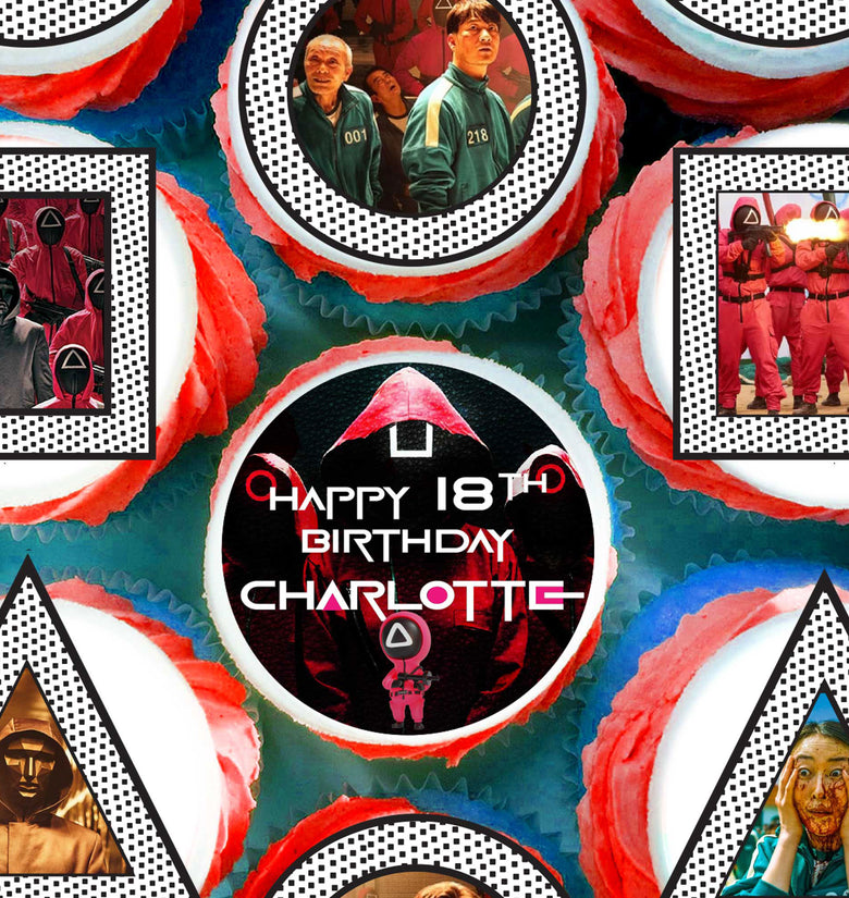 24 Squid Game Edible Cupcake Toppers - Precut on Wafer Paper, Sugar Sheet, or without cutting Chocotransfer