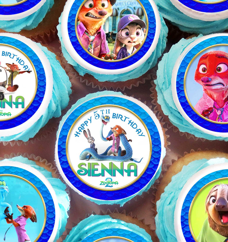 24 Zootopia 2 Edible Cupcake Toppers – Precut on Wafer Paper, Sugar Sheet, or Uncut Chocotransfer