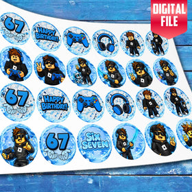 Six Seven Gamer Precut Edible Cupcake Toppers Blue Birthday cake topper digital file – custom name and age for birthday cake