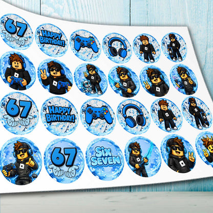 Gamer precut edible cupcake toppers placed on decorated birthday cupcakes for 6th 7th party