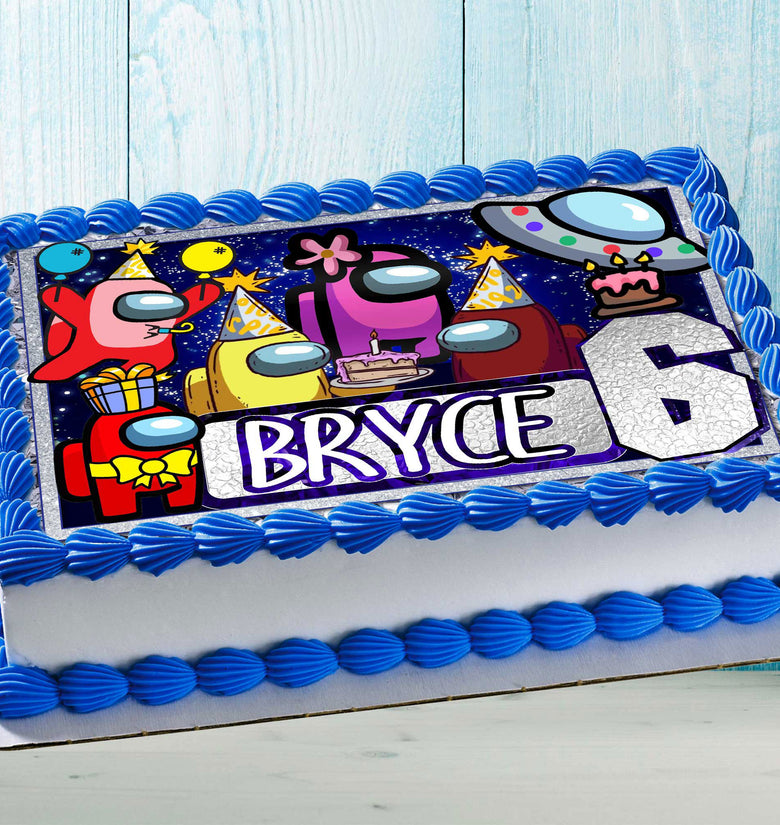 Among Us Birthday Themed Edible Cake Topper - Rectangular Design - Wafer Paper, Sugar Sheet, Chocotransfer