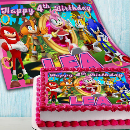 Amy Rose Birthday Themed Edible Cake Topper - Rectangular Design - Wafer Paper, Sugar Sheet, Chocotransfer