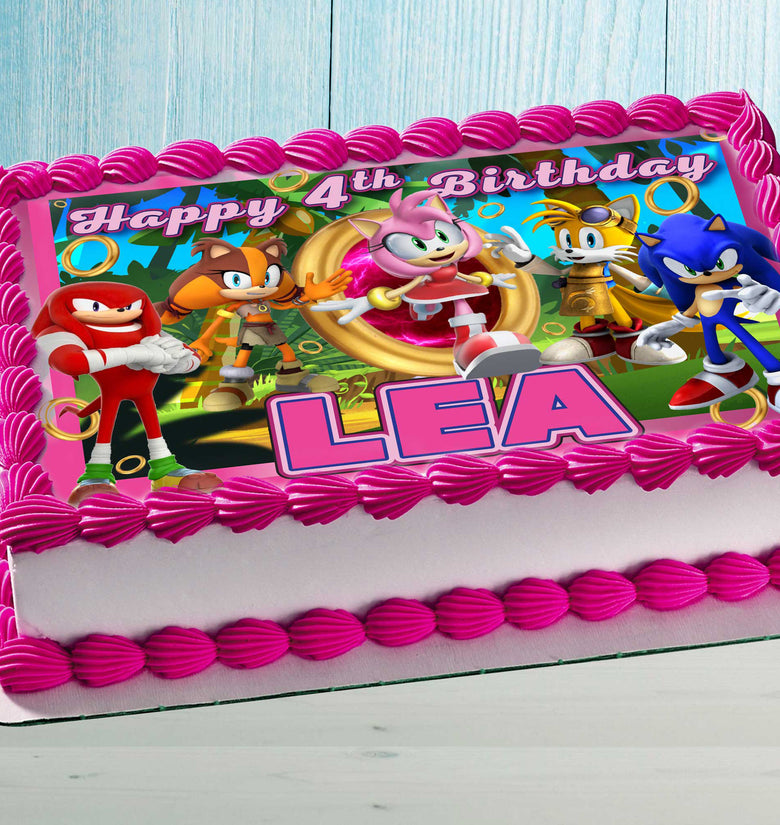 Amy Rose Birthday Themed Edible Cake Topper - Rectangular Design - Wafer Paper, Sugar Sheet, Chocotransfer