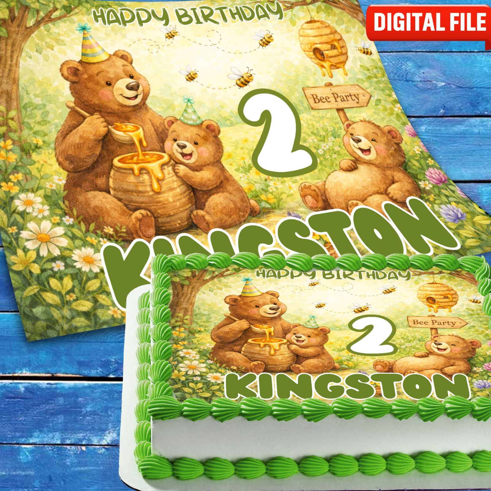 Bear Birthday cake topper digital file – custom name and age for birthday cake