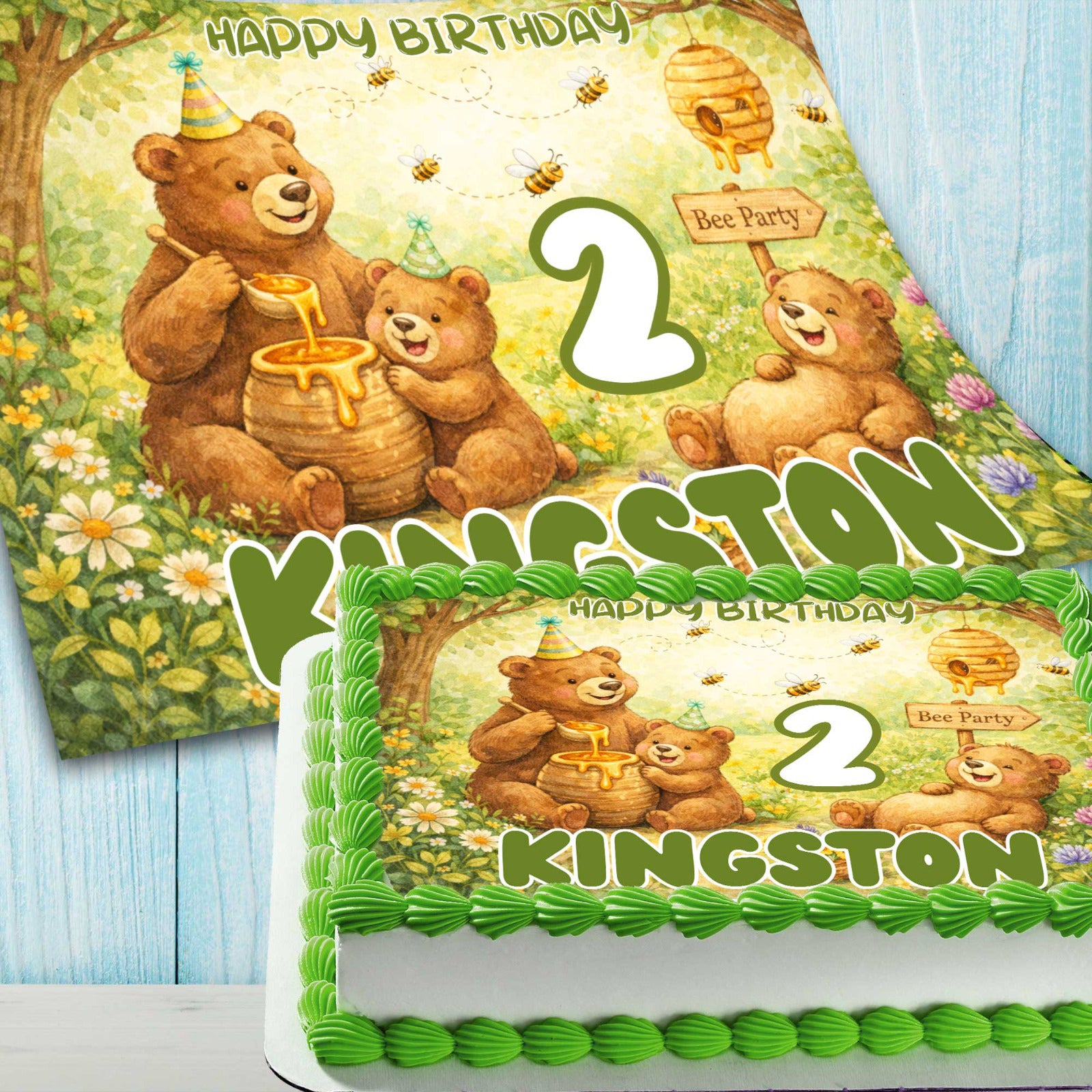 Close-up of bee themed bear birthday cake topper with honey jar, bees and custom name Kingston