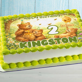 Bear Birthday Cake Topper – Personalized Bee Party edible image with name and age on rectangular cake
