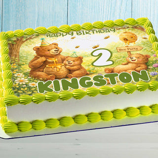 Bear Birthday Cake Topper – Personalized Bee Party edible image with name and age on rectangular cake